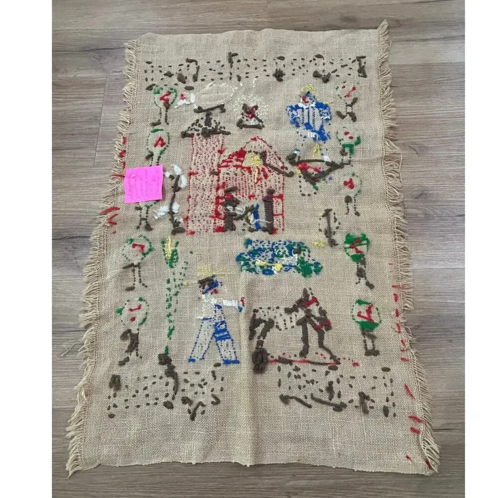 Vintage 1950s Handmade Primitive Farm Folk Art Embroidered Burlap Wall Hanging -